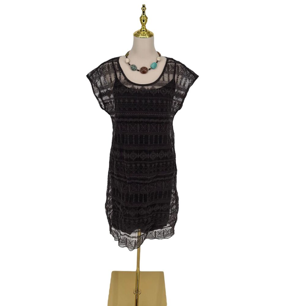 Garnet Hill Lace Dress 4 Brown Taupe Embroidered Lined Shift Slip Scalloped Hem - Picture 2 of 14